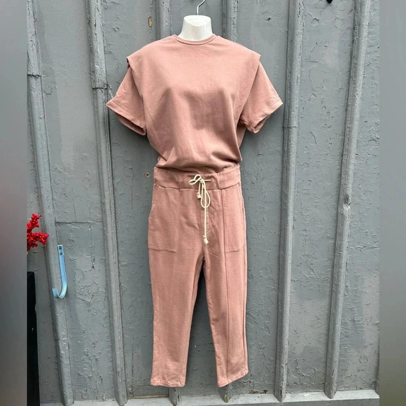 Pistola Clarisse French Terry Shoulder Pleat Jumpsuit in Cameo Pink, size XS - Picture 4 of 14